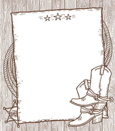 Cowboy vintage paper background. Vector hand drawn illustration Wild West Poster with cowboy boots and sheriff star and lasso on the wood texture backgroundのイラスト素材