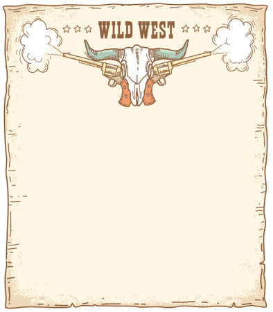Wild West paper background illustration with text. Vector cowboy Western hand drawn illustration with buffalo skull and guns isolated on white for textのイラスト素材