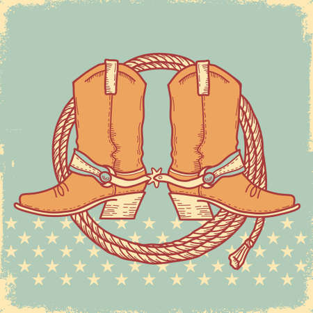 Cowboy boots card. Vector hand drawn illustration with Country cowboy boots and lasso on old paper texture background.のイラスト素材