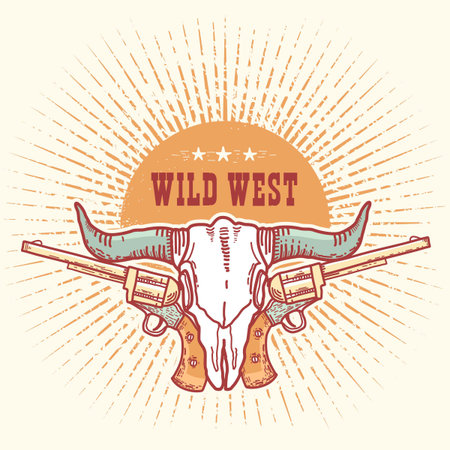 Wild West symbol illustration with Western text. Vector cowboy hand drawn illustration with buffalo skull and guns and guns isolated on vintage backgroundのイラスト素材