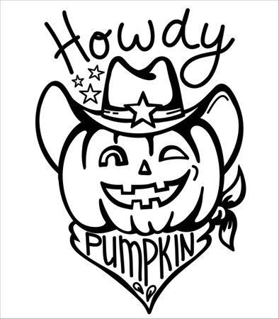 Pumpkin cowboy vector printable illustration. Halloween pumpkin wearing cowboy hat and bandanna with howdy text isolated on white backgroundのイラスト素材