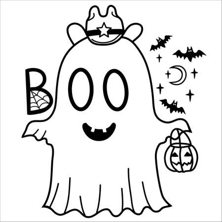 Halloween cute grost cowboy illustration. Vector hand drawn halloween cute ghost in cowboy hat and Boo holiday text isolated on white for print or designのイラスト素材
