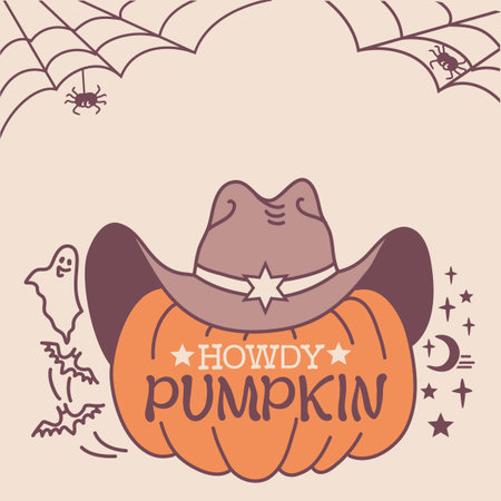 Happy Halloween Pumpkin cowboy western hat. Vector printable illustration with Howdy cowboy text on card background.のイラスト素材