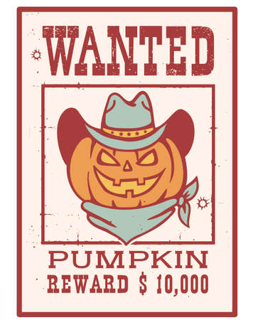 Halloween pumpkin cowboy wanted poster. Vector vintage wanted poster Haalloween illustration.のイラスト素材