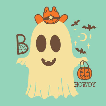 Halloween cute grost cowboy color card illustration. Vector hand drawn vintage halloween cute ghost in cowboy hat and Boo holiday text for print or design.のイラスト素材
