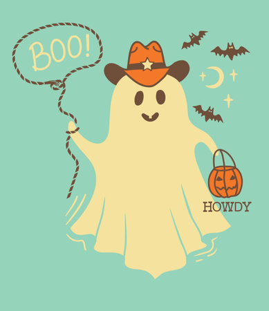 Halloween cute grost cowboy card illustration. Vector hand drawn halloween ghost in cowboy hat and lasso Boo howdy holiday text.のイラスト素材