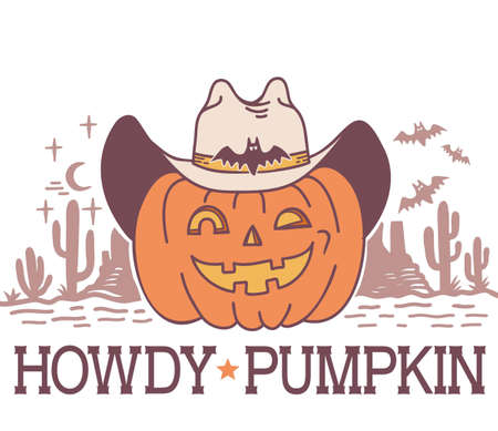 Halloween Pumpkin cowboy vector printable illustration. Halloween pumpkin wearing cowboy hat with howdy text and American desert cactuses. Vector color illustration isolated on white background.のイラスト素材