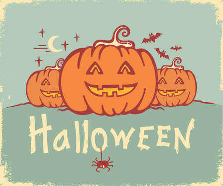 Halloween pumpkins card with text and symbol spider web and bats. Vector color printable vintage poster halloween on old paper bakgroundのイラスト素材