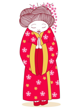 Young woman wearing Japanese kimono and sakura flowers decor. Vector Japan traditional fashion style of clothes isolated on white.のイラスト素材