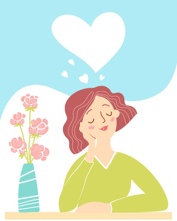 Young woman thinking about love boyfriend. Vector positive concept flat illustration isolated on white.
Smiling nice woman dreams about love. Romantic love cardのイラスト素材