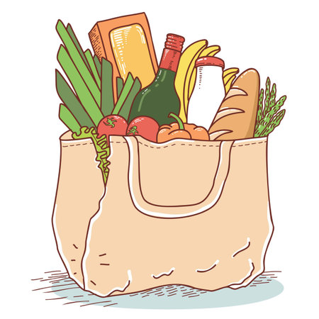 Eco bag with food. Grocery bag fresh food vector hand drawn colors illustration isolated on white. Zero waste symbol concept.のイラスト素材