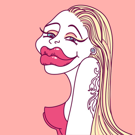Stylish woman portrait with long blonde hair and  lips. Vector caricature illustration of glamour makeup young woman with tattoo dÃ©cor body on pink backgroundのイラスト素材