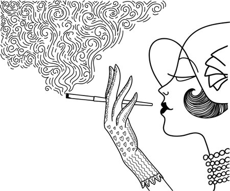 Retro woman style with cigarette and smoke decoration. Vector flapper girl with fashion hat smoking cigar hand drawn illustration isolated on white background.のイラスト素材