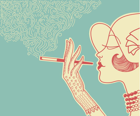 Retro woman style with cigarette and smoke decoration poster. Vector flapper girl with fashion hat smoking cigar hand drawn illustration on poster background.のイラスト素材