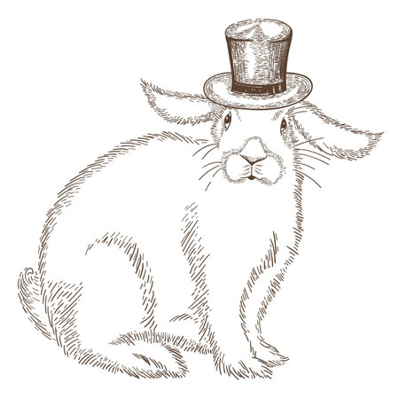 Rabbit gentleman in cylinder hat. Vector vintage hand drawn illustration of cute rabbit.のイラスト素材