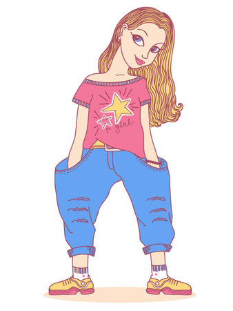 Cute young girl in denim fashion clothes. Vector hand drawn teenager girl with long hairstyle isolated on white background.のイラスト素材