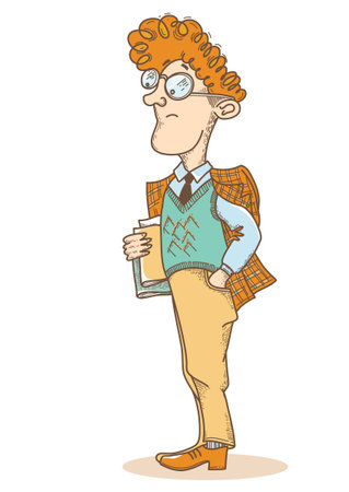 Smart young man student with glasses and classic British suit. Vector hand drawn colors caricature style illustration isolated on whiteのイラスト素材