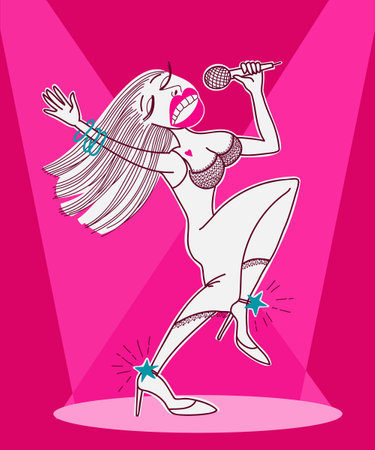 Expressive singer woman with microphone. Girl pop star singing vector illustration on pink scene background. Musical concert event.のイラスト素材