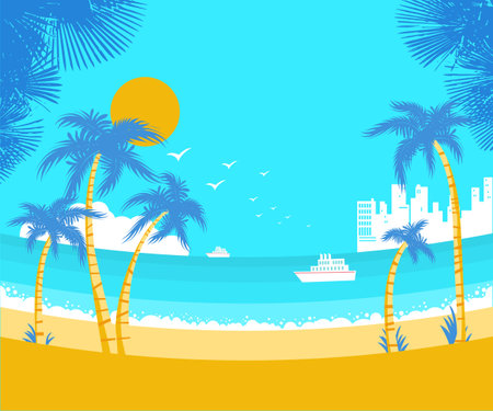 Beautiful sea waves landscape with tropical palms and summer beach on blue sky hot sunshine.
Exotic horizon vector background. Vector Illustration of Tropical palms and beach background.のイラスト素材