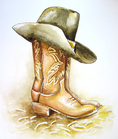 Cowboy boots and western hat watercolor hand drawn illustration isolated on white for design. Country rodeo cowboy American traditional clothes. Rasterの写真素材