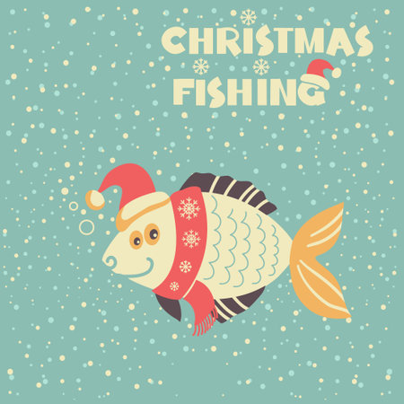 Christmas funny fish in Santa red hat and holiday text on vector vintage card background. Winter fishing card illustration with holiday text. Christmas fishing.のイラスト素材