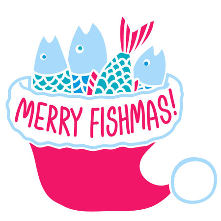 Christmas fishing. Fishes in Santa red hat. Vector winter fishing illustration with holiday text isolated on white. Merry fishmas christmas symbol.のイラスト素材