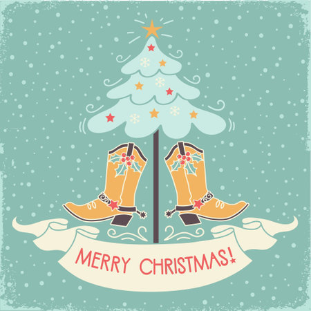 Cowboy Christmas vintage card. Vector illustration with Cowboy boots and Christmas tree decoration on old paper textureのイラスト素材