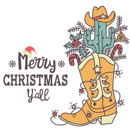 Cowboy Christmas with holiday Merry Christmas text. Vector Western and cactus Christmas decortion isolated on white for desgn.のイラスト素材