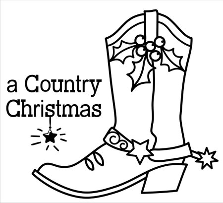 Cowboy Christmas with cowboy boots and holiday Merry Christmas text. Vector Christmas hand drawn graphic illustration with holiday decortion isolated on white for desgn.のイラスト素材