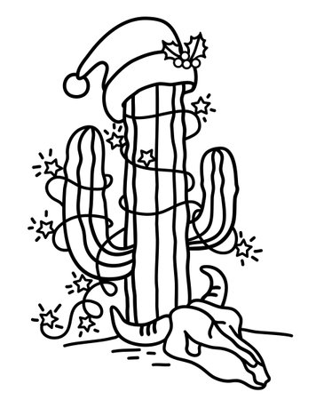 Christmas cactus with santa hat and lights. Vector hand drawn illustration isolated on white. Cactus tree with garland and cow skull.のイラスト素材