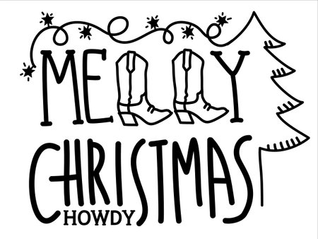Cowboy christmas card. Vector merry christmas illustration with cowboy boots and garland with text isolated on white.のイラスト素材