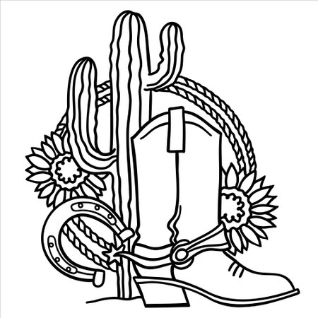 Cowboy boots and cactus. Countryside vector hand drawn illustration with horseshoe and lasso isolated on white background. Country cowboy symbol with sunflowers decoration.のイラスト素材