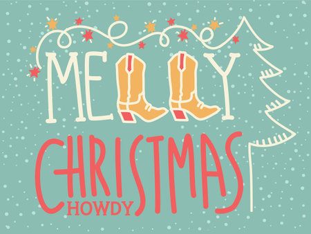Cowboy christmas card. Vector merry christmas card illustration with cowboy boots and garland with holiday text on snow background.のイラスト素材