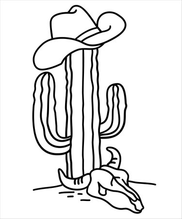 Christmas cactus with santa hat and lights. Vector hand drawn illustration isolated on white. Cactus tree with garland and cow skull.のイラスト素材