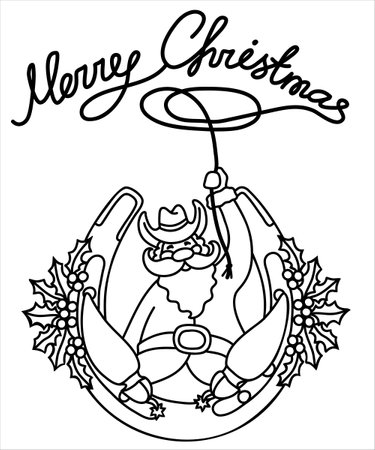Cowboy christmas. Vector Santa with cowboy boots and hat sit on horseshoe decorated holly berry and hold lasso christmas text isolated on white for print or greeting card.のイラスト素材