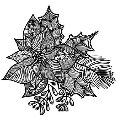 Christmas poinsettia flower with xmas omela. Vector hand drawn line art illustration decorative elements isolated on white background.のイラスト素材