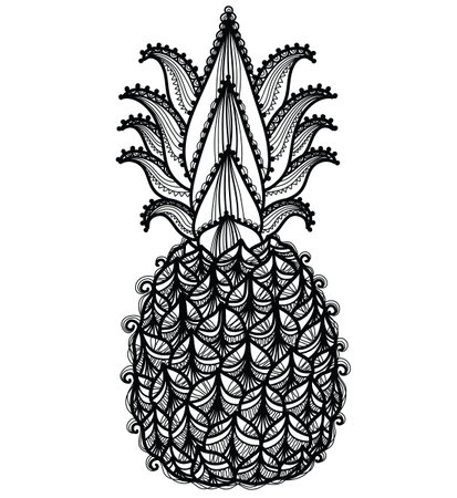 Pineapple vector illustration. Vector hand drawn abstract pineapple ananas isolated on white. Fresh tropical food black and white illustration.のイラスト素材