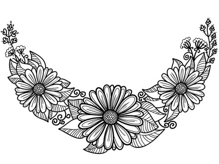 Decorative Flowers illustration. Vector hand drawn floral chamomiles and leaves isolated on white background for coloring books, print.のイラスト素材