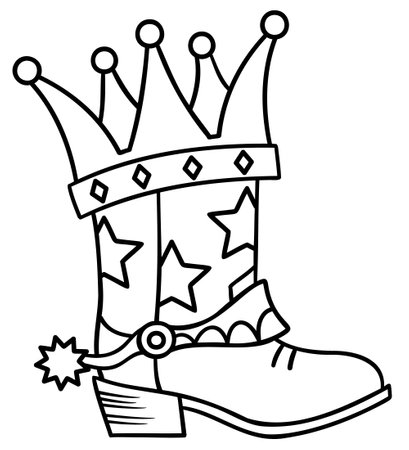 Cowboy boot with King crown. Cowgirl crown boot stars decoration vector printable illustration isolated on white background for design. Cowboy birthday party.のイラスト素材