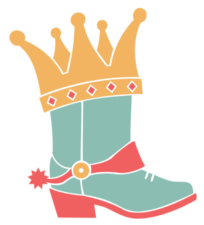 Cowboy boot with gold crown. Cowgirl boot with princess crown vector colors printable illustration isolated on white background for design. 
Cowboy birthday party for celebrating card.のイラスト素材