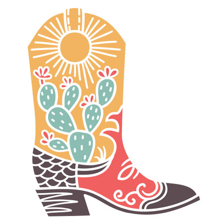 Cowboy boot green cactuses decoration. Vector color illustration of Cowboy boot with cactuses and yellow sun printable decor. Cowgirl western boots isolated on white for cowboy party.のイラスト素材