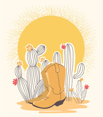 Cowboy boots and cactuses on American desert Countryside with yellow sun background illustration. Western color illustration cowboy boots in tender colors style. Vector Country farm cowboy symbol.のイラスト素材