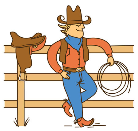 Cowboy standing on fence. Vector colored farm rodeo illustration with horse saddle isolated on white.のイラスト素材