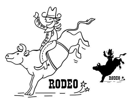Bull rider cartoon vector illustration isolated on white. Vector funny cowboy riding a bull silhouette with rodeo text.のイラスト素材