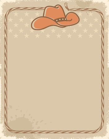 Cowboy vintage poster with cowboy hat and rope frame. Vector western illustration background for text or design.のイラスト素材