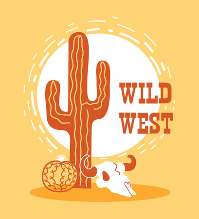American desert landscape with Cactus and bull skull. Arizona desert with sun and cactus silhouette. 
Vintage Westen symbol poster background.のイラスト素材