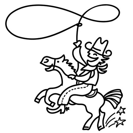 Cowboy with lasso driving horse isolated on white for design. Vector country ranch line art doodle style illustrationのイラスト素材