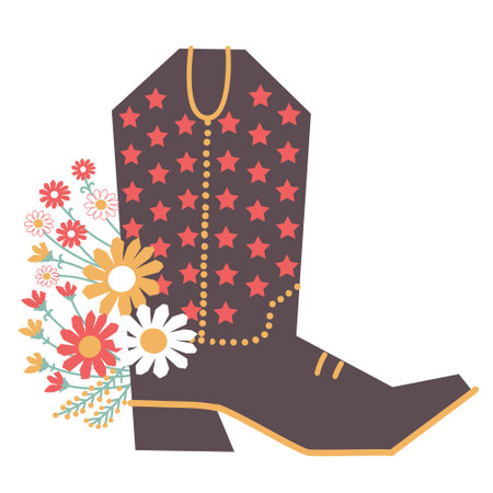Cowboy boot floral decoration. Vector cowboy boot and fresh field flowers isolated on white background. Country decor for designのイラスト素材