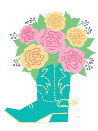 Cowboy boot with flowers decoration. Vector cowboy boot and roses flowers. Country decoration isolated on white for design. Cowgirl style illustration.のイラスト素材