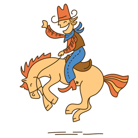 Horse rider cartoon vector colored illustration isolated on white. Vector funny cowboy riding  wild horse.のイラスト素材